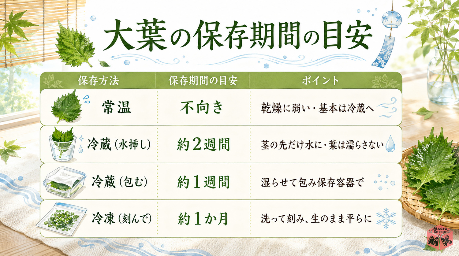 大葉の保存期間の早見表