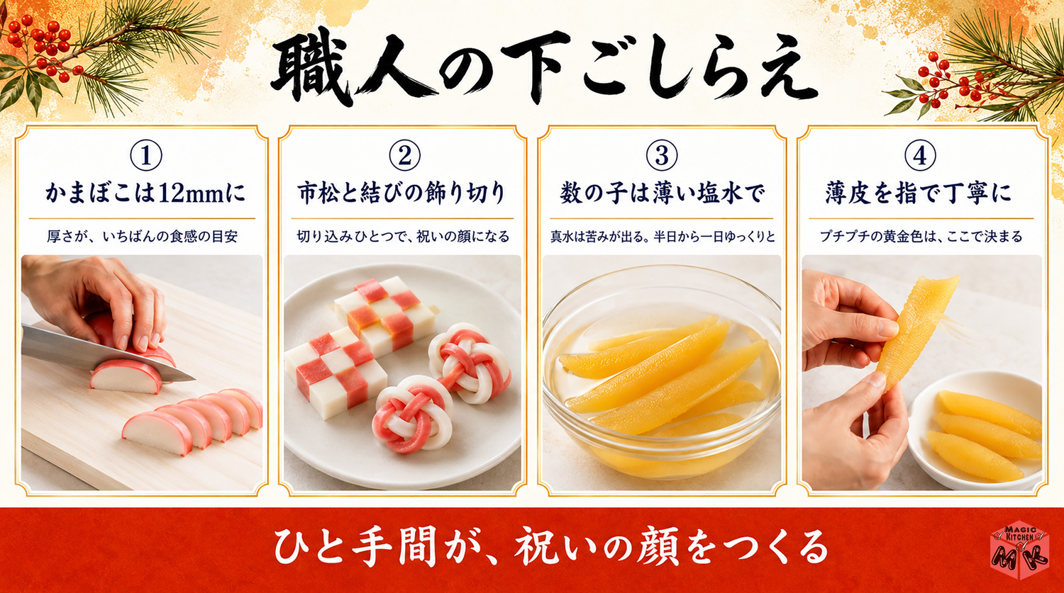 かまぼこの飾り切りと数の子の塩抜きの図解