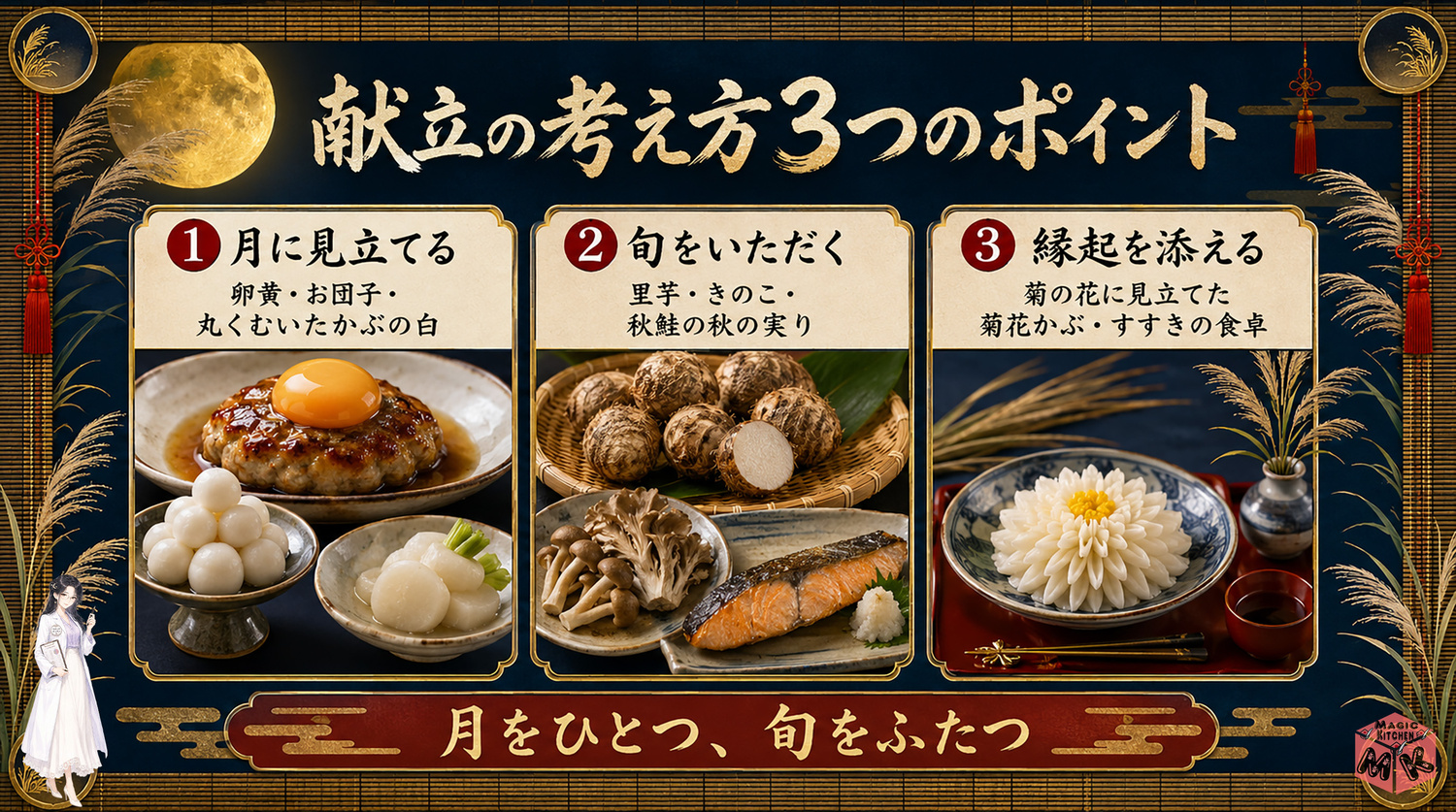 お月見の献立の考え方3つのポイントの図解