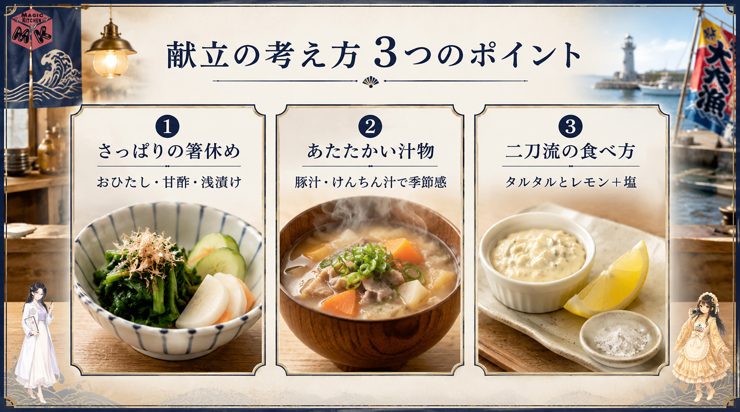 牡蠣フライに合う献立の考え方3つのポイントの図解