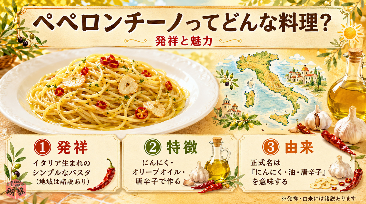 ペペロンチーノの発祥と由来を示す図解