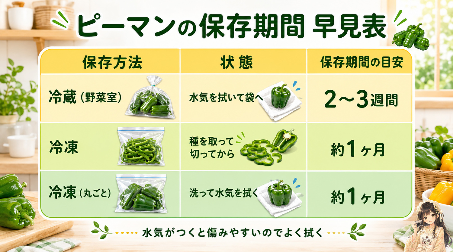 ピーマンの保存期間早見表