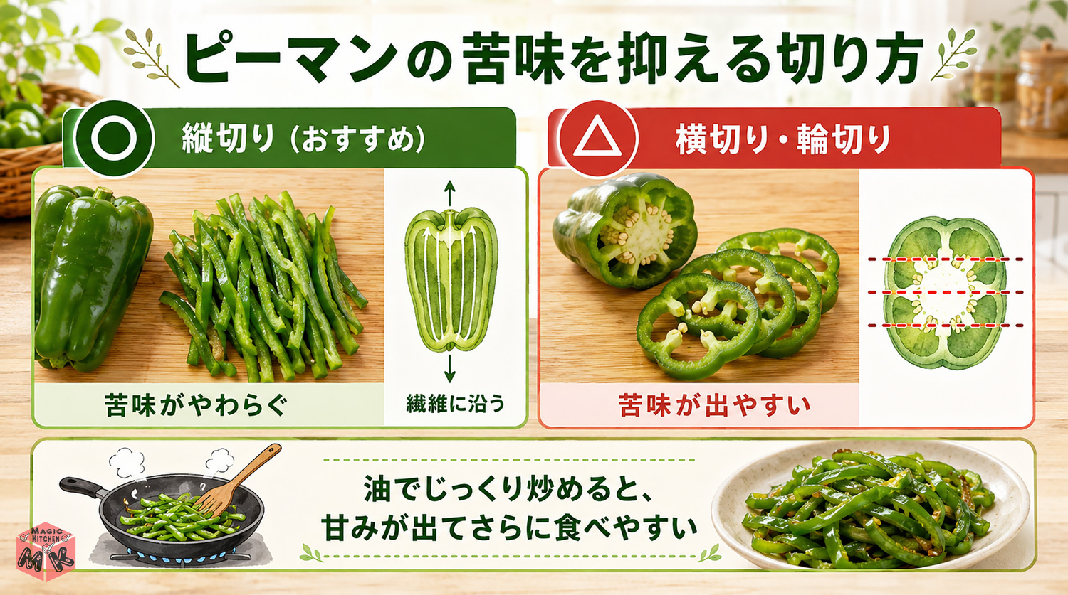 ピーマンの苦味を抑える切り方