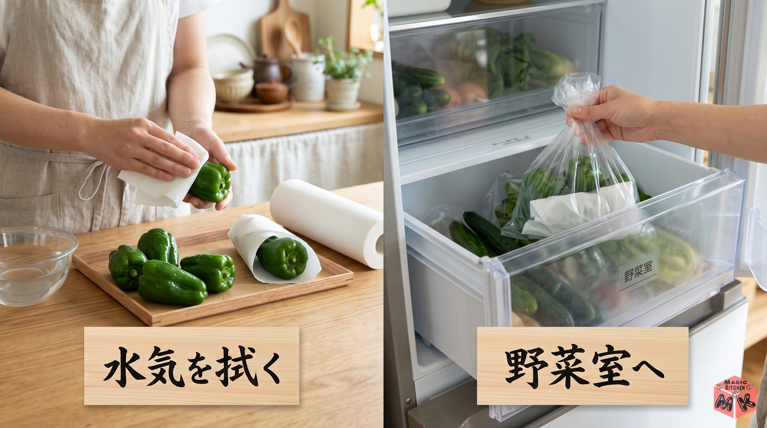 ピーマンの冷蔵保存 水気を拭いて袋へ