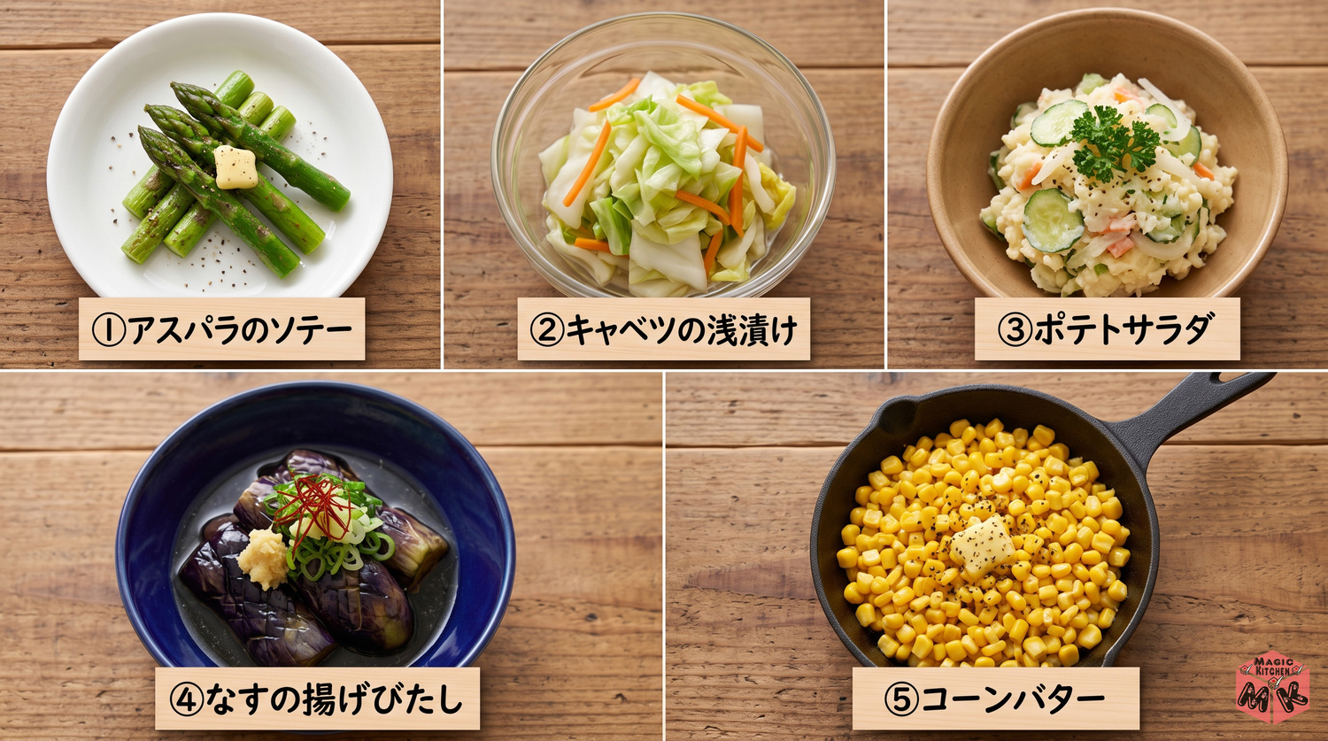 ポークチャップに合う副菜5選の料理写真コラージュ