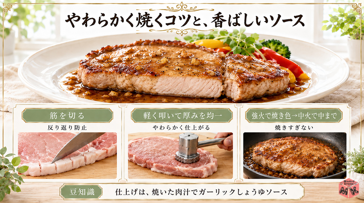 ポークソテーのやわらか焼き方とソースの図解