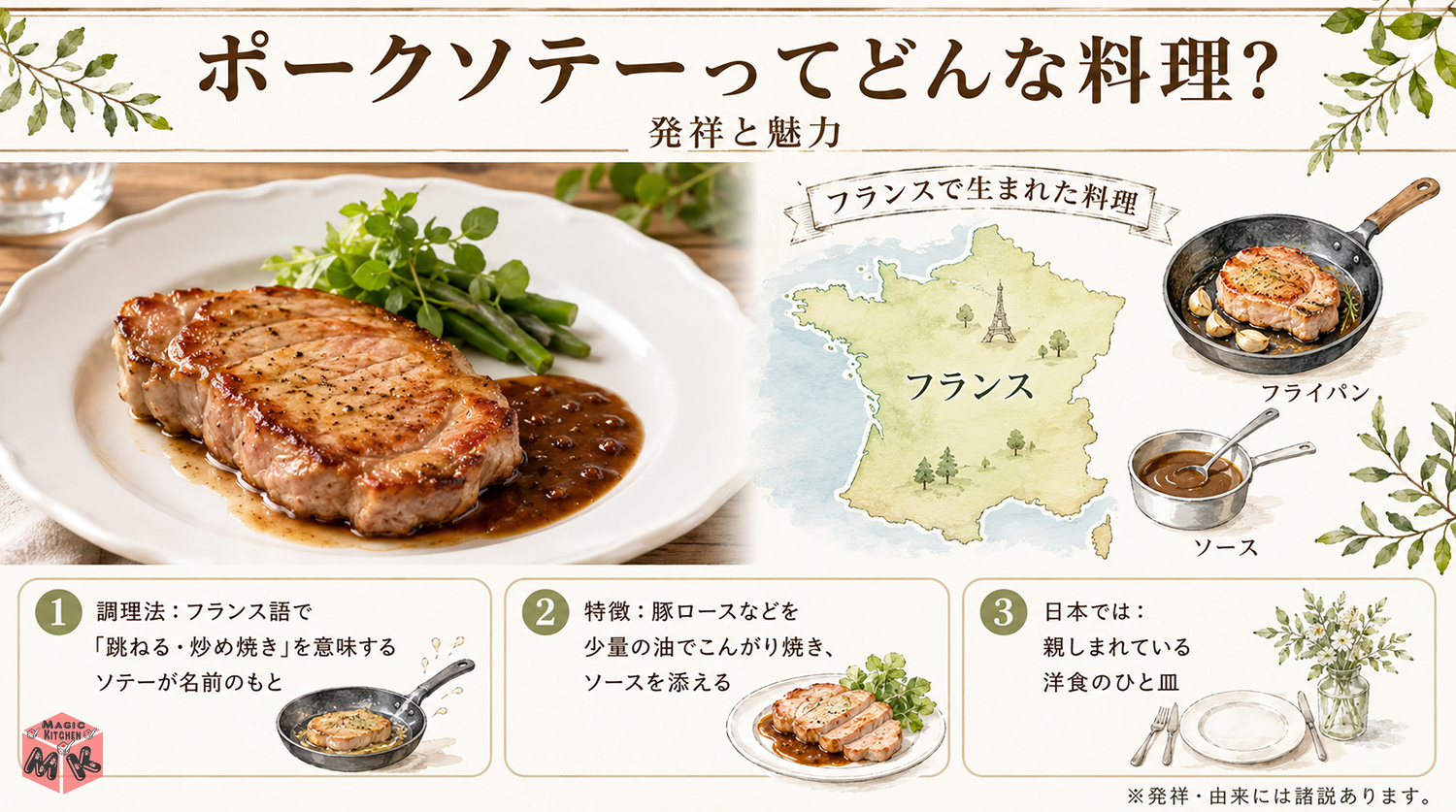 ポークソテーの発祥と由来を示す図解
