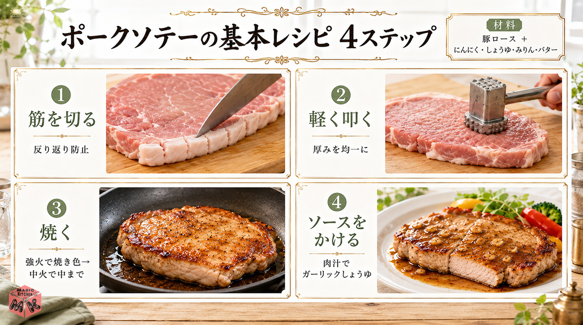 ポークソテーの基本レシピの工程図