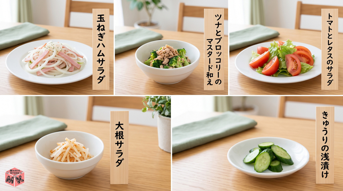 ポークソテーに合うサラダ・副菜5品のコラージュ