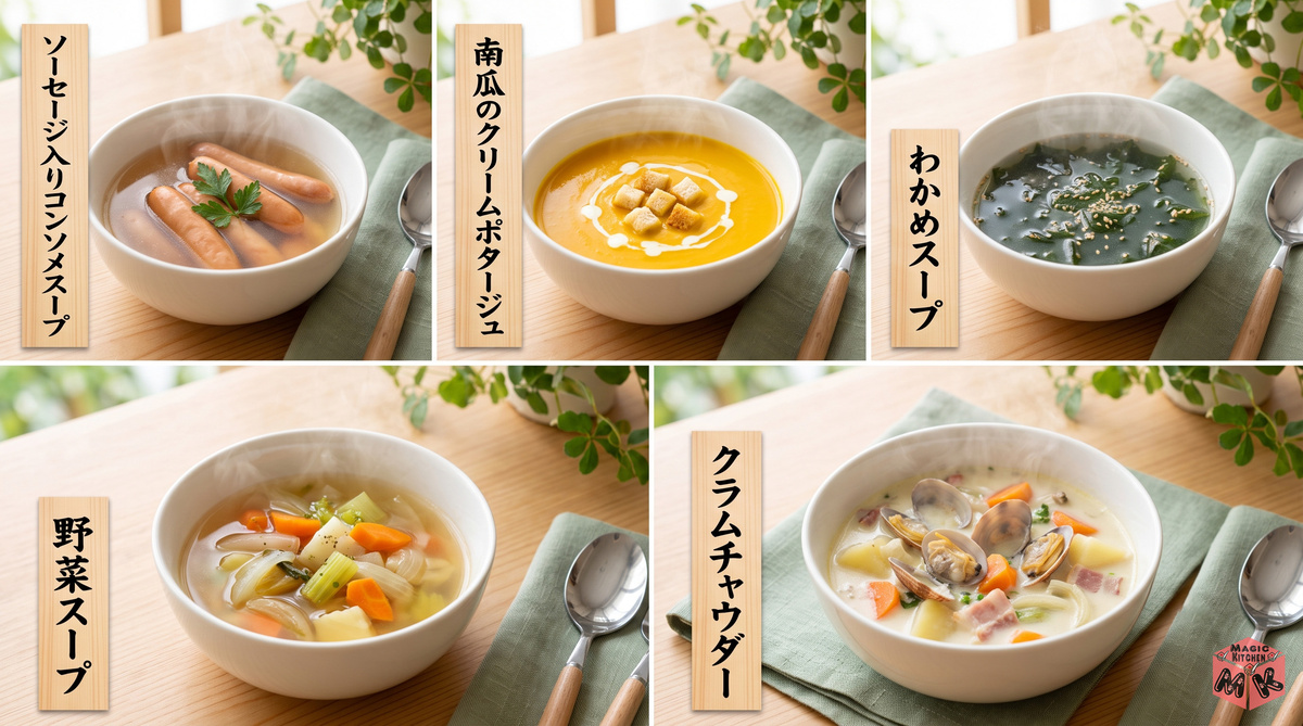 ポークソテーに合う汁物・スープ5品のコラージュ