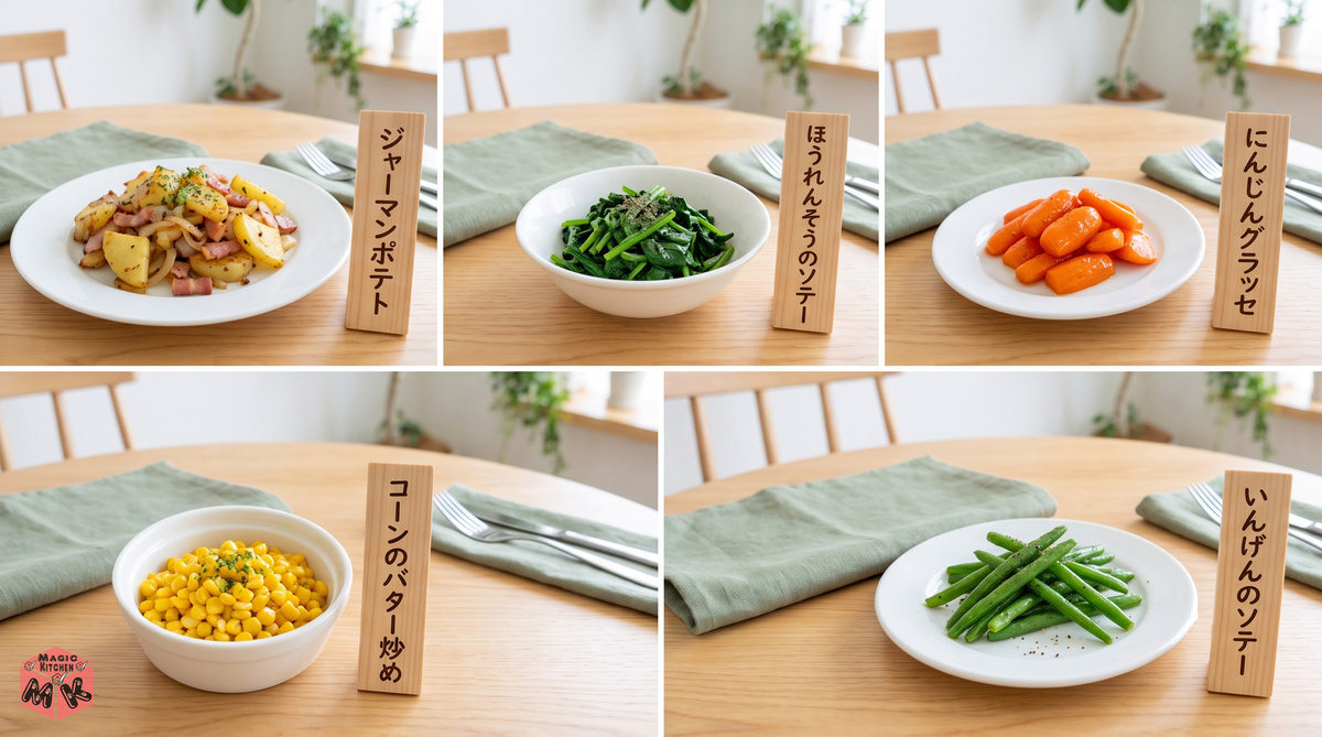 ポークソテーに合う付け合わせ・温野菜5品のコラージュ