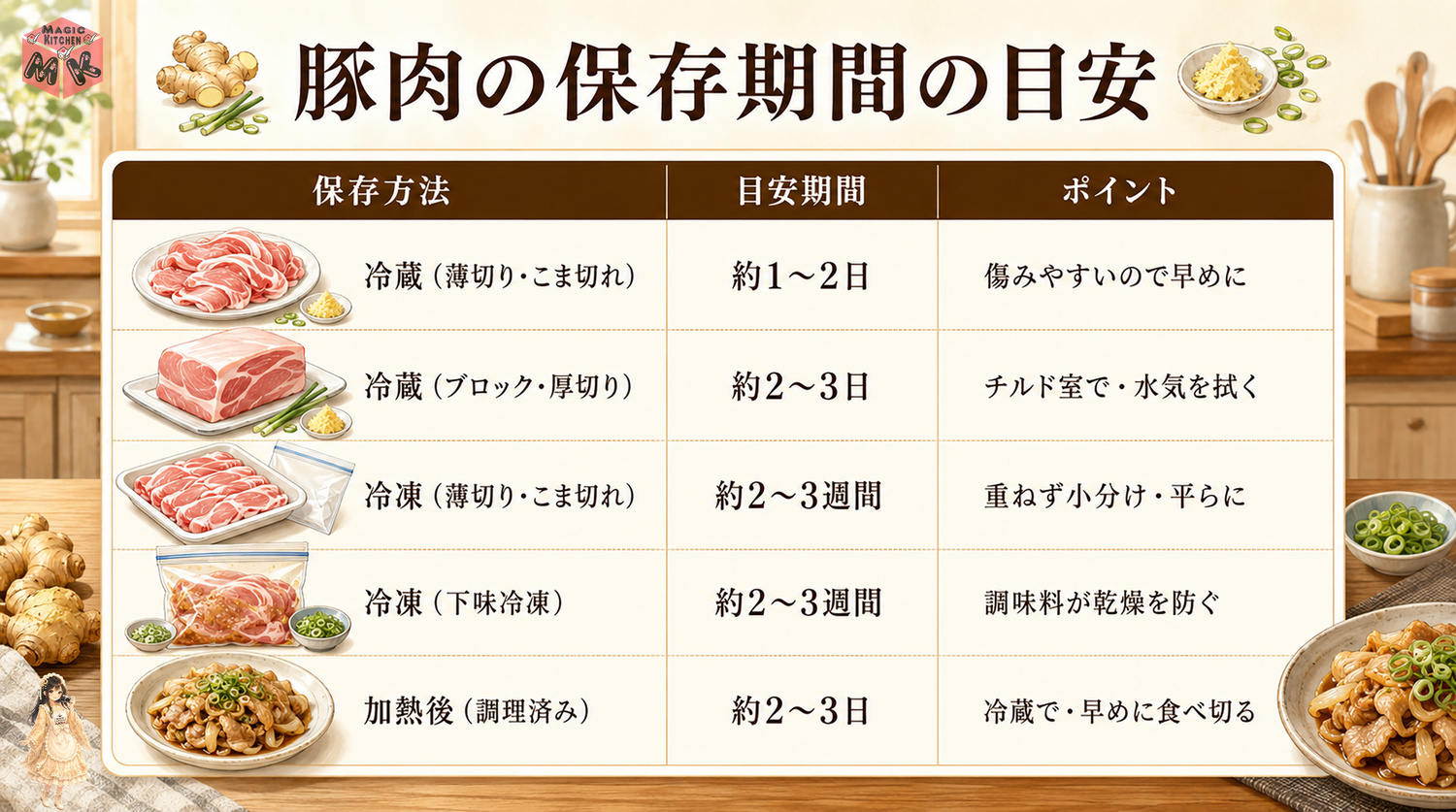 豚肉の保存期間の早見表
