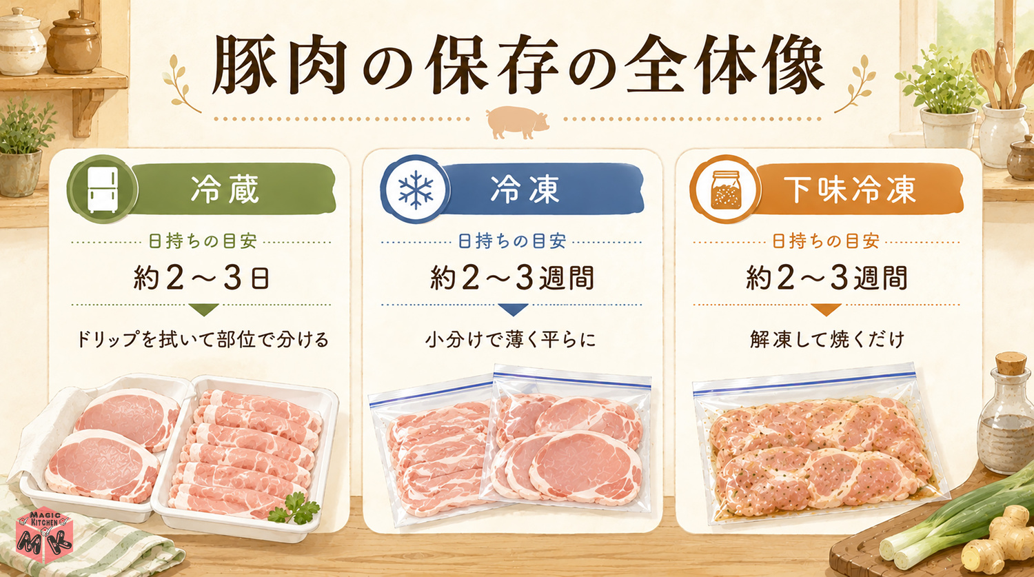 豚肉の保存方法の全体像インフォグラフィック
