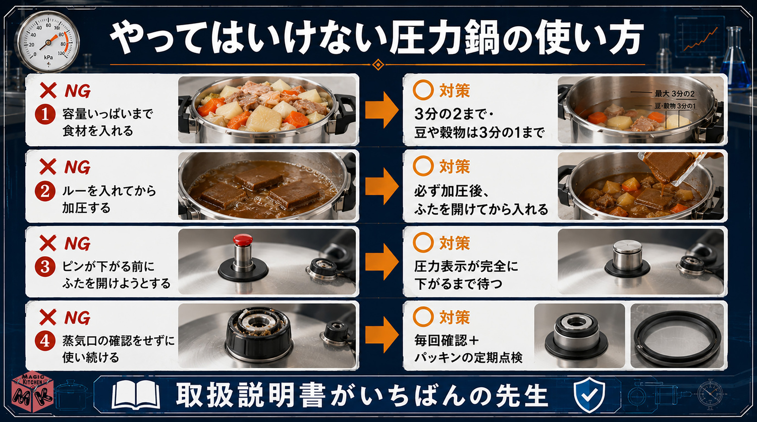 圧力鍋のやってはいけない使い方の図解