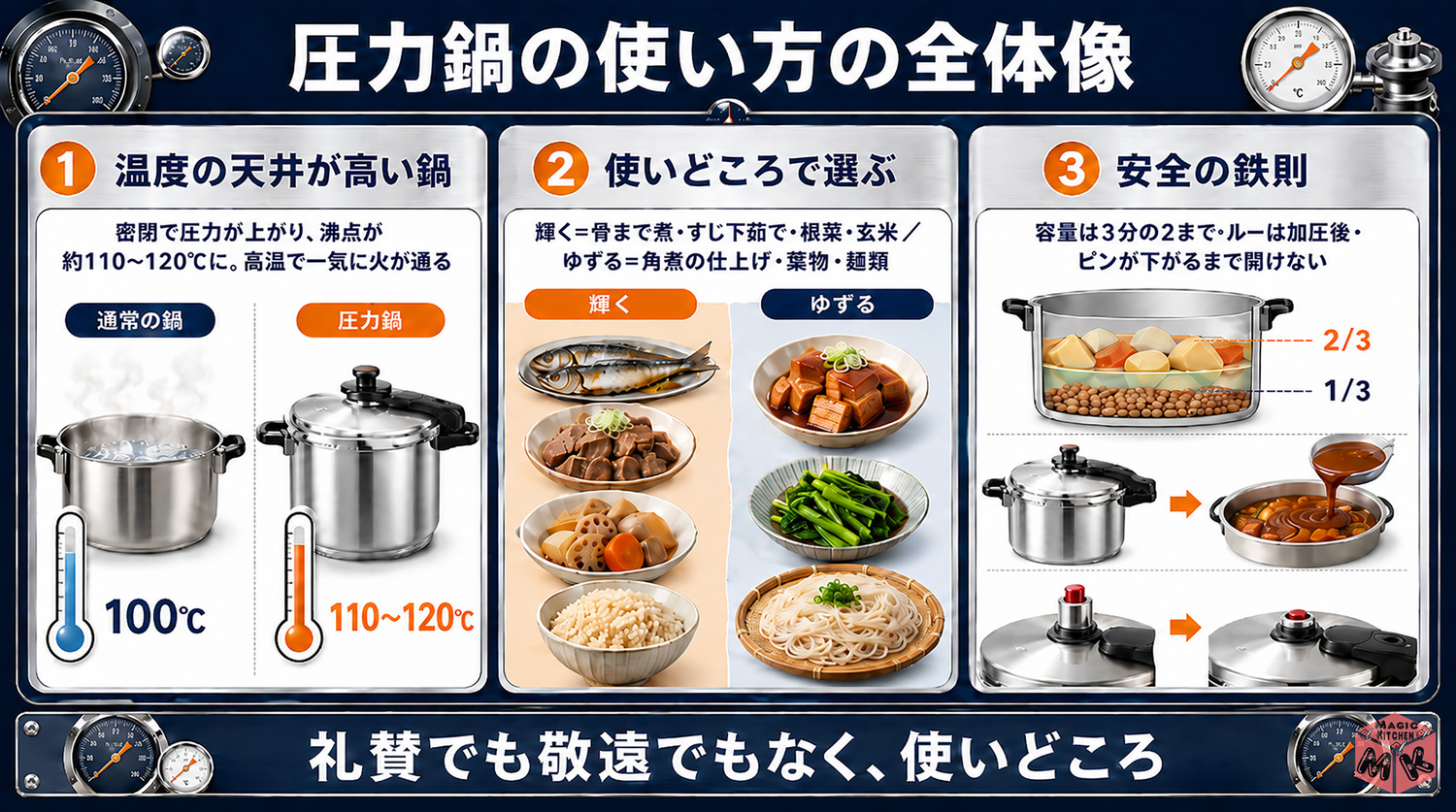 圧力鍋の使い方の全体像(仕組み・輝く料理・安全)