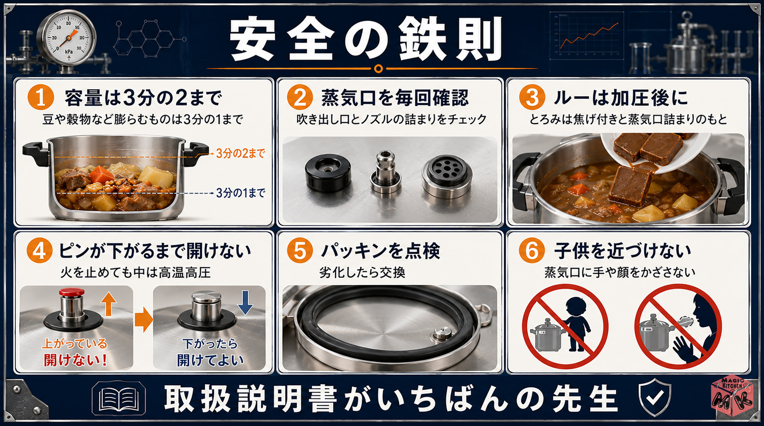 圧力鍋の安全の鉄則の図解