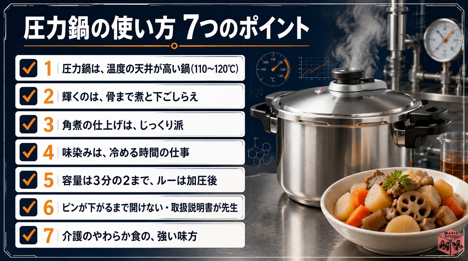 圧力鍋の使い方の7つのポイントまとめビジュアル
