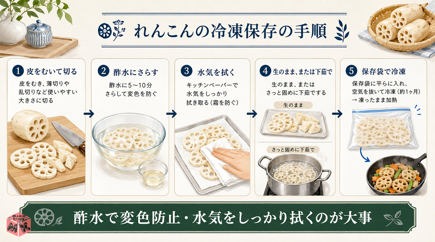れんこんの冷凍保存のやり方(酢水にさらして)