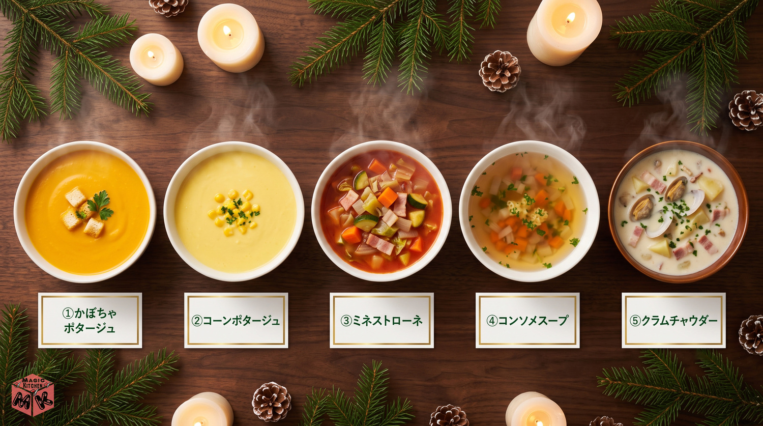 ローストチキンに合うスープ5選のコラージュ