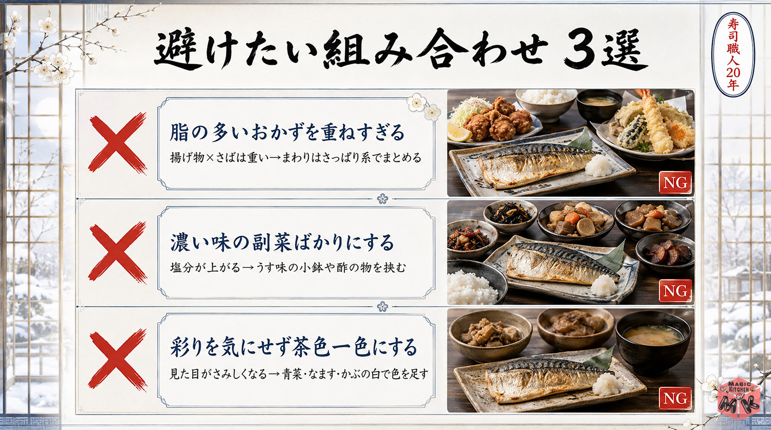さばの塩焼きの献立で避けたい組み合わせ3選の図解