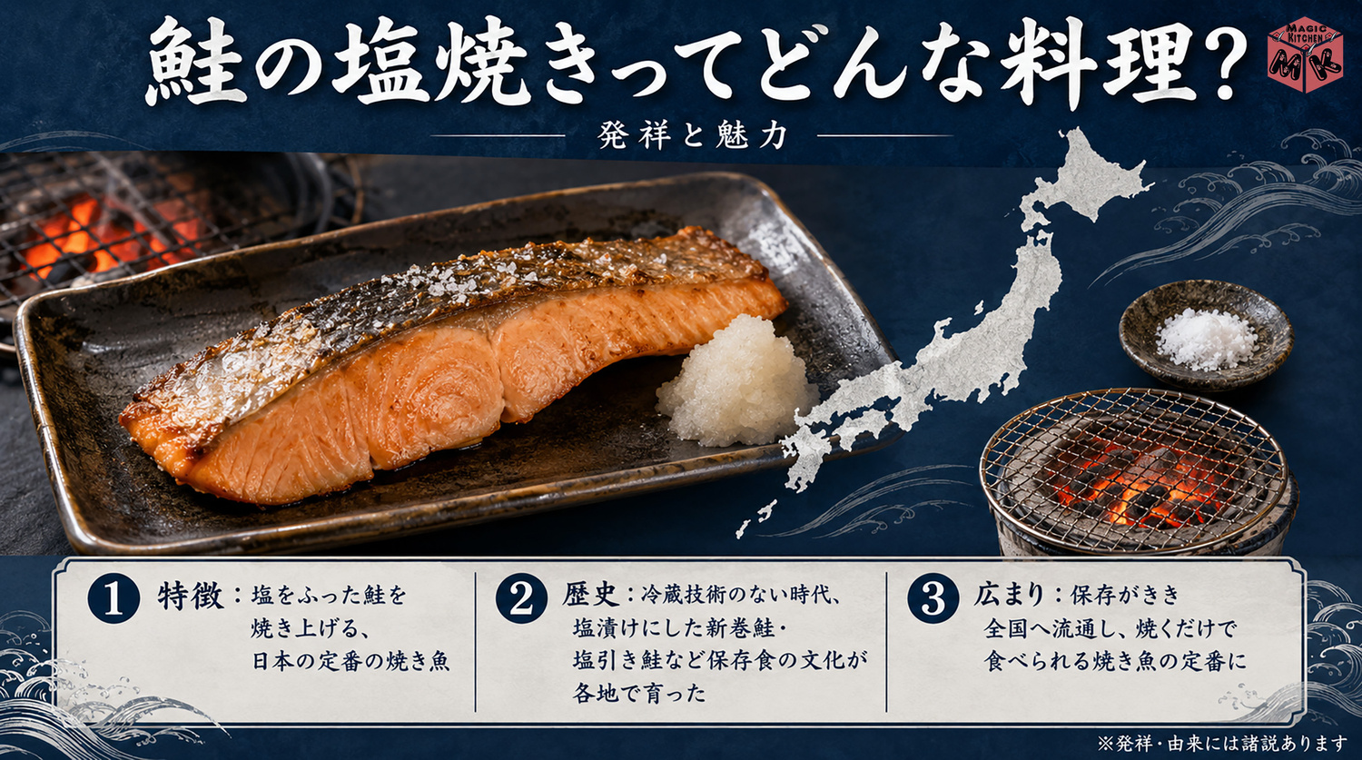 鮭の塩焼きの発祥と由来を示す図解