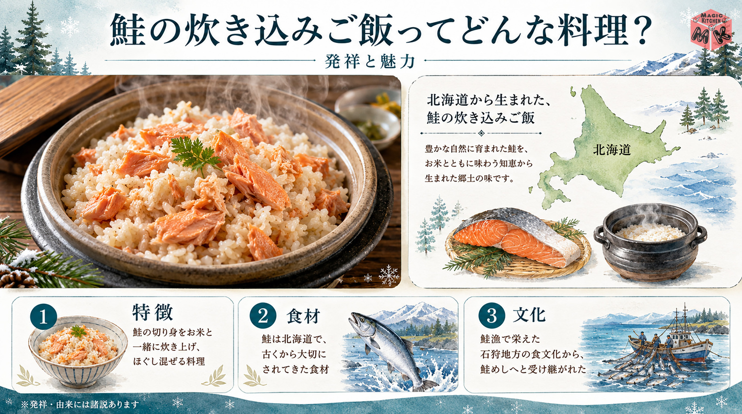鮭の炊き込みご飯の発祥と由来を示す図解