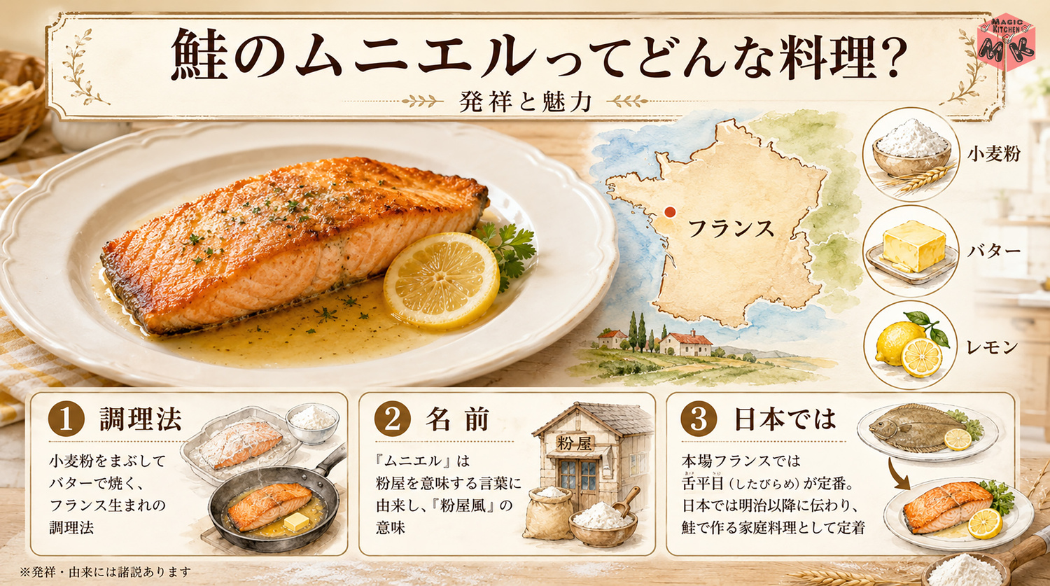 鮭のムニエルの発祥と由来を示す図解