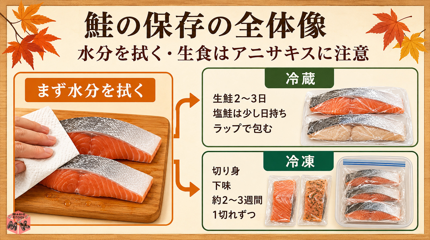 鮭の保存方法の全体像インフォグラフィック