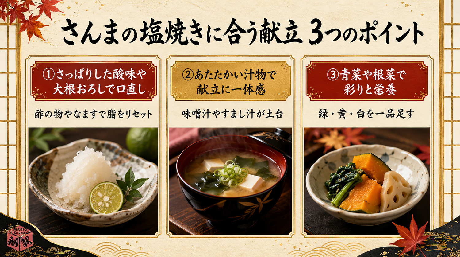 さんまの塩焼き献立の考え方3ポイント図解