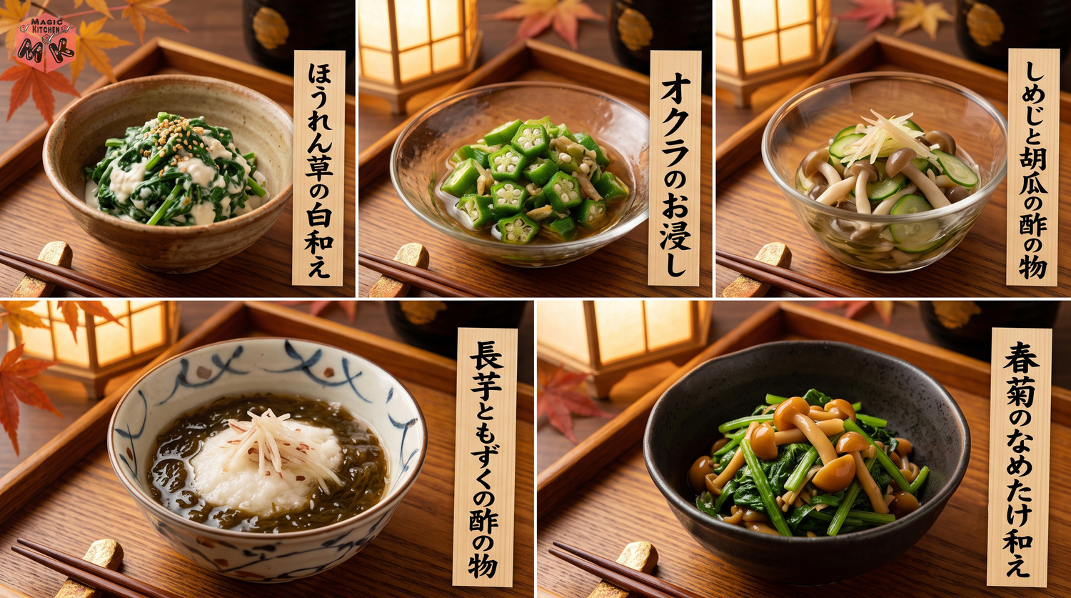 さんまの塩焼きに合う和え物・酢の物5選のコラージュ