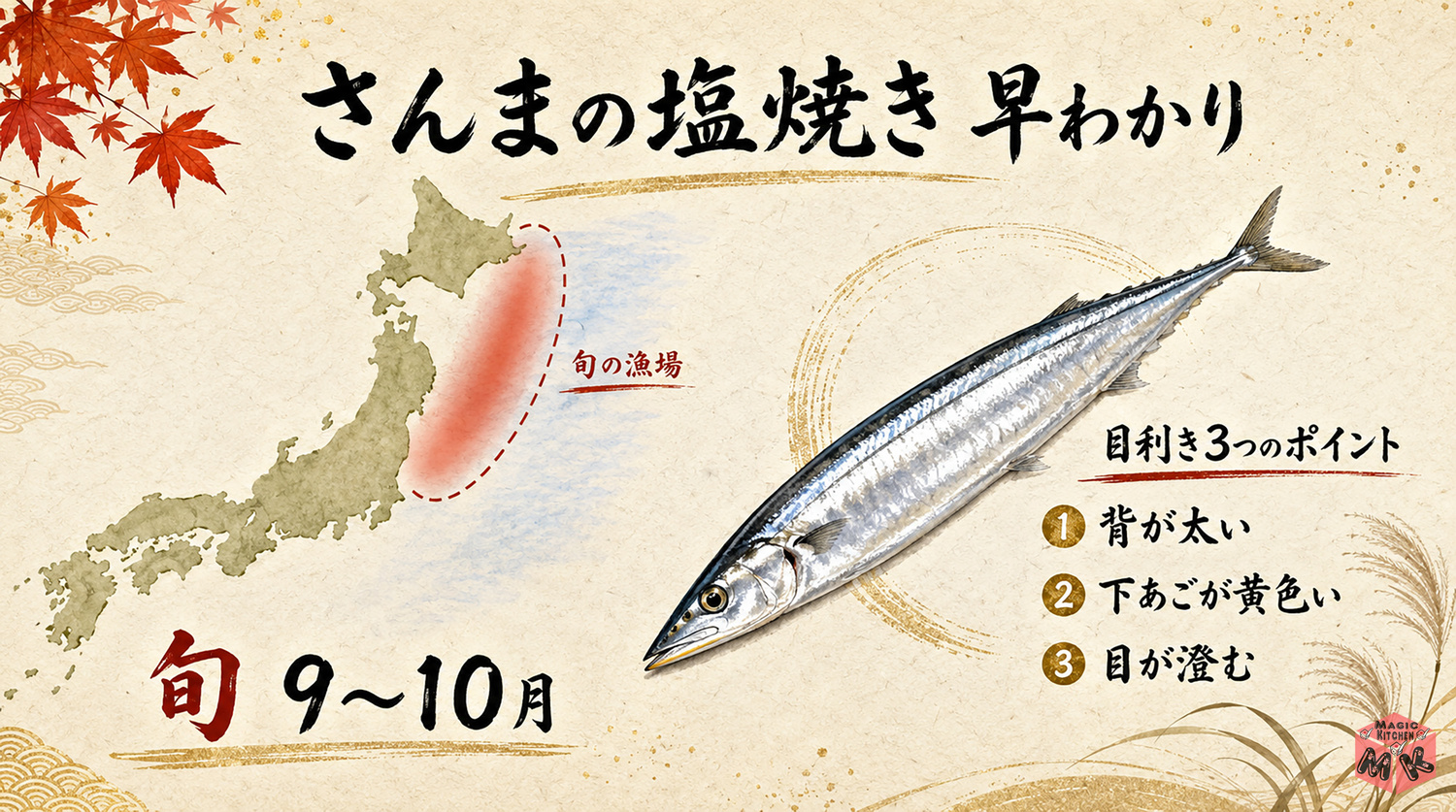 さんまの塩焼き早わかり(旬・目利き・脂ののり)図解