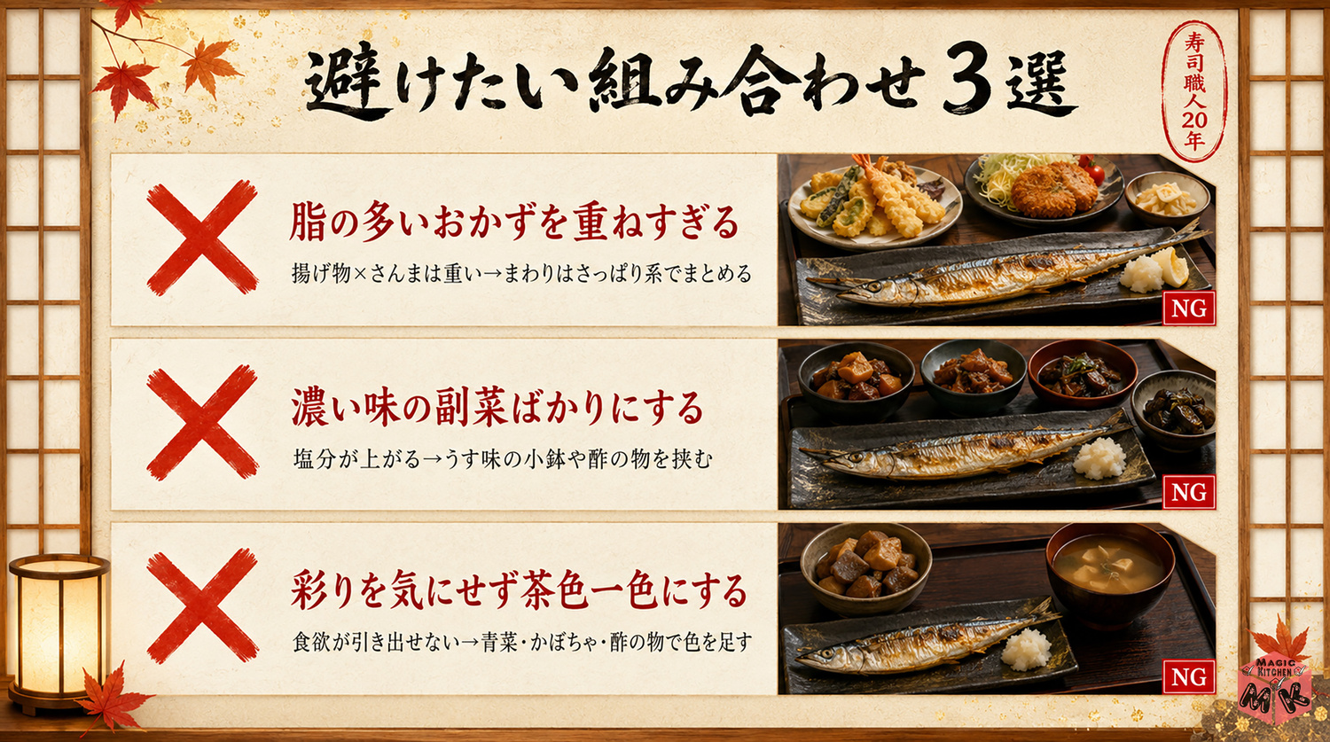 さんまの塩焼きの献立で避けたい組み合わせ3選の図解