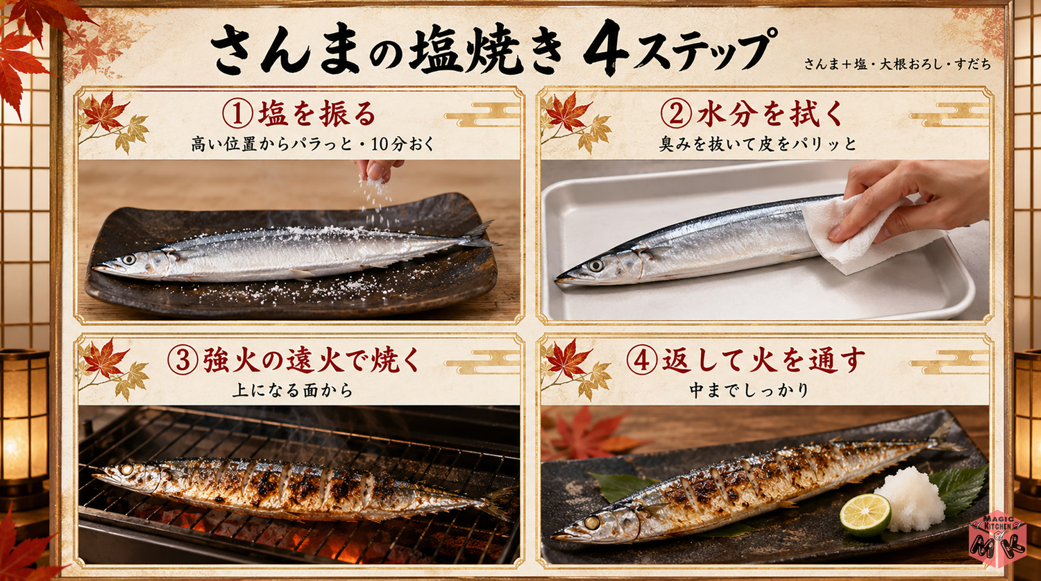 さんまの塩焼きの焼き方の図解