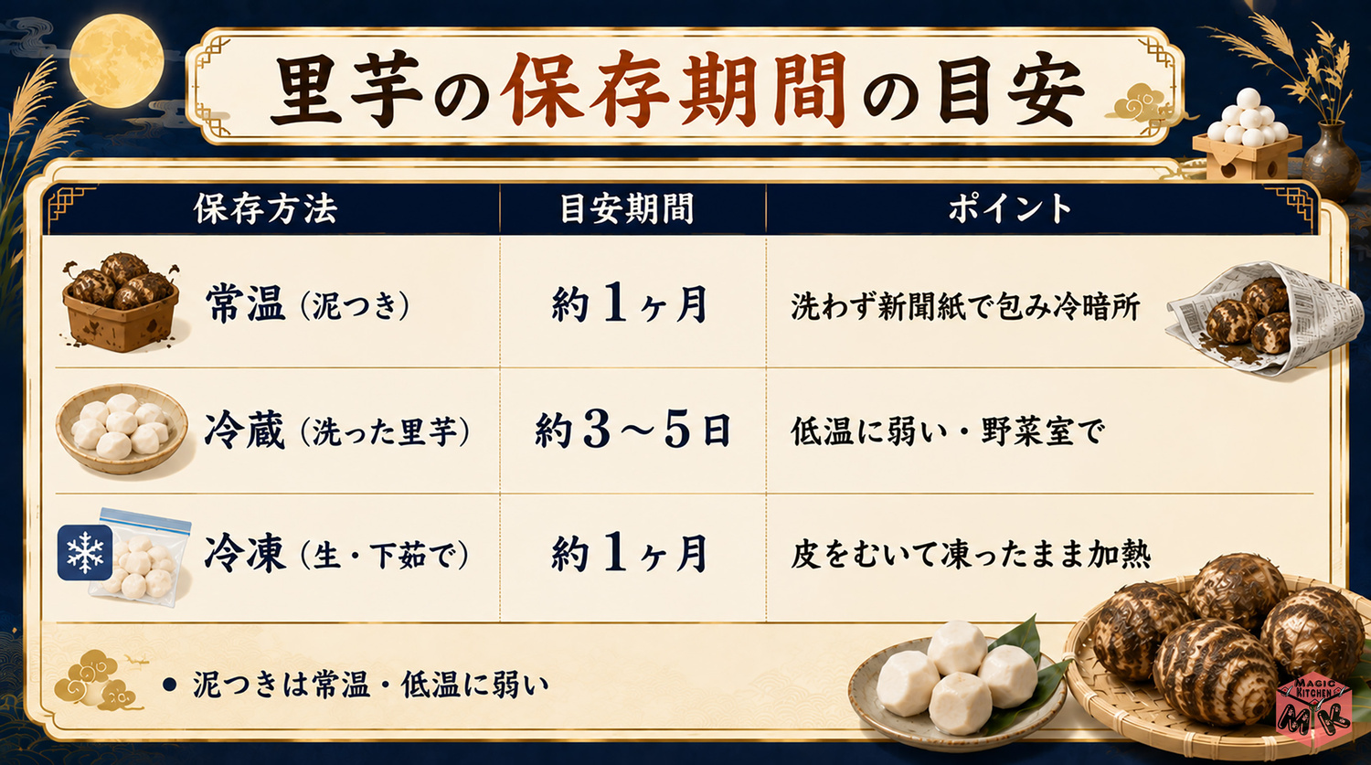 里芋の保存期間の早見表