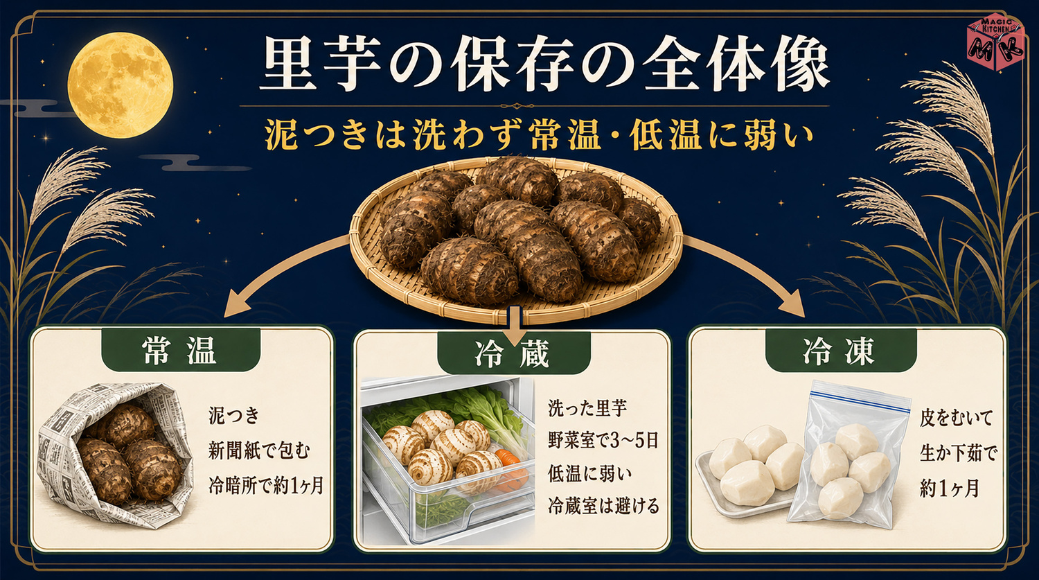 里芋の保存方法の全体像インフォグラフィック