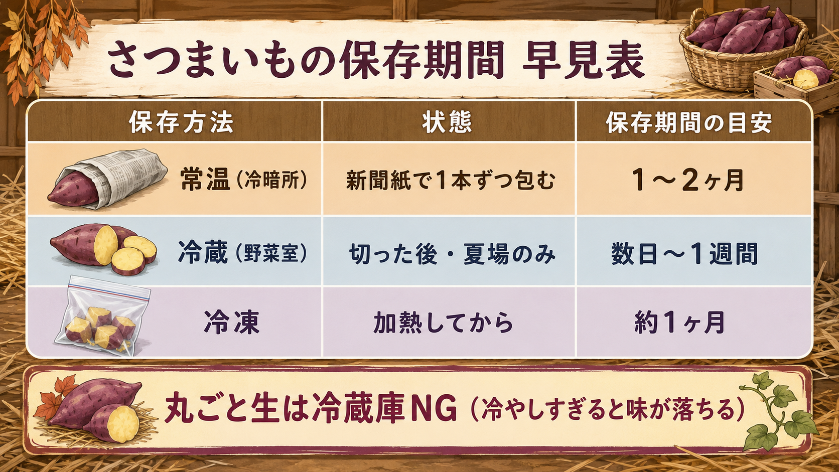 さつまいもの保存期間早見表