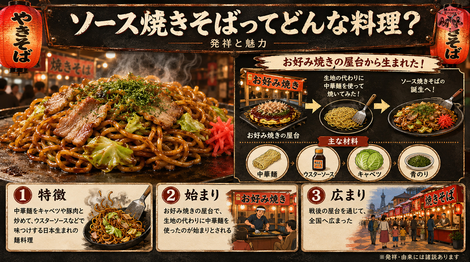 ソース焼きそばの発祥と由来を示す図解