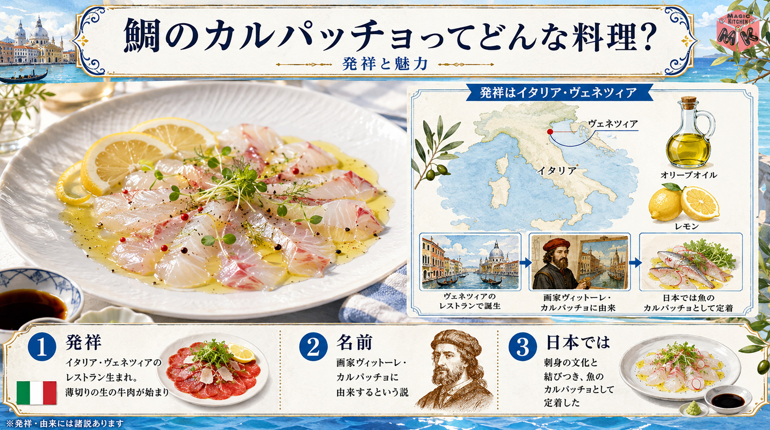 鯛のカルパッチョの発祥と由来を示す図解