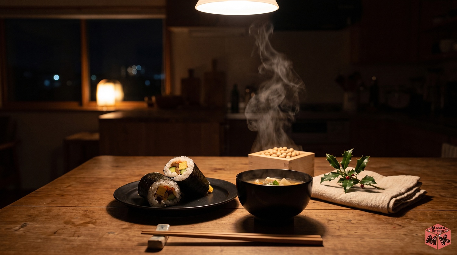 節分の夜の食卓に並んだ料理と柊鰯のイメージ