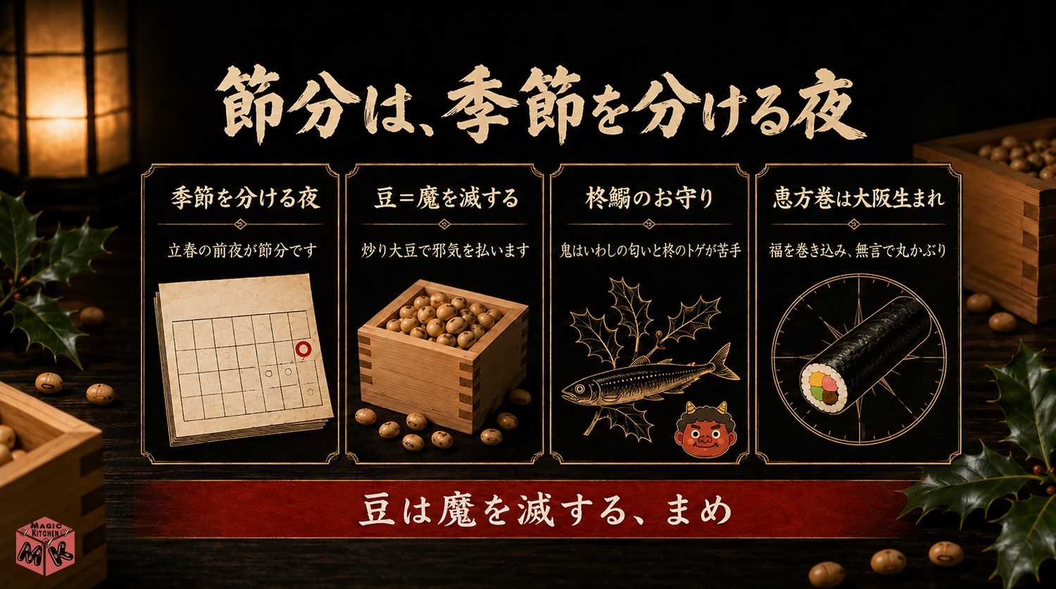 節分に豆をまく由来と柊鰯・恵方巻のいわれの図解
