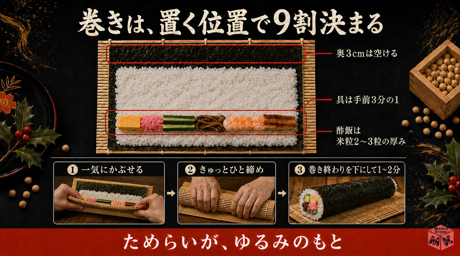 恵方巻の酢飯の広げ方と具の置き方の図解