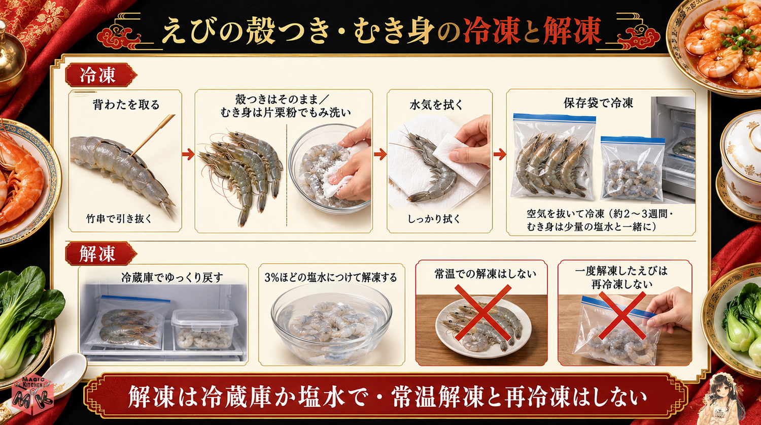 えびの殻つき・むき身の冷凍と解凍のやり方