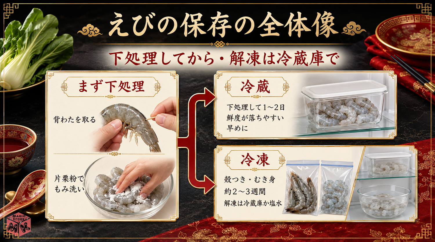 えびの保存方法の全体像インフォグラフィック