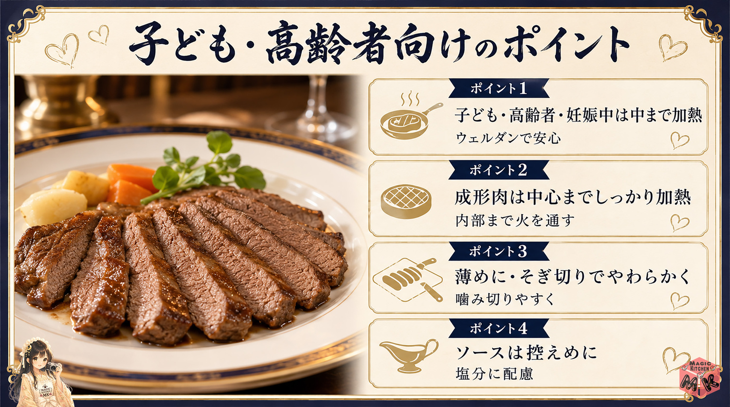 ステーキの献立の子ども・高齢者向けの工夫の図解