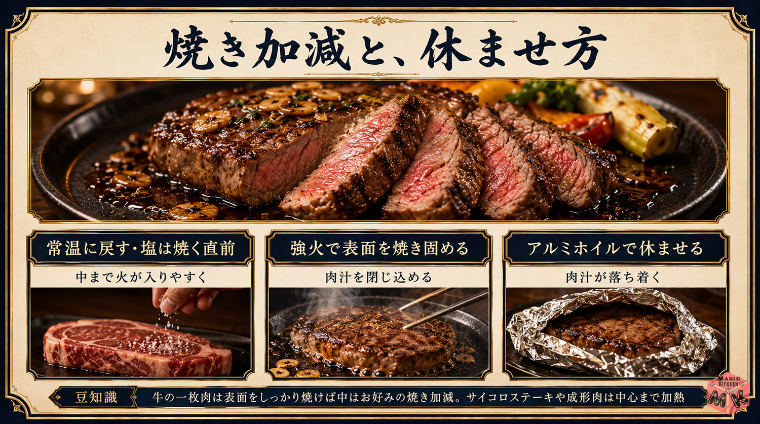 ステーキの焼き加減と休ませ方の図解