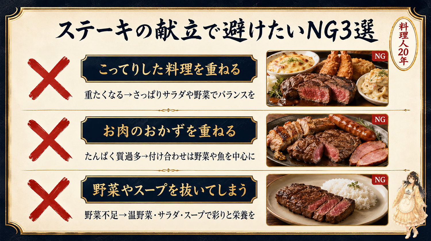 ステーキの献立で避けたいNG3選の図解