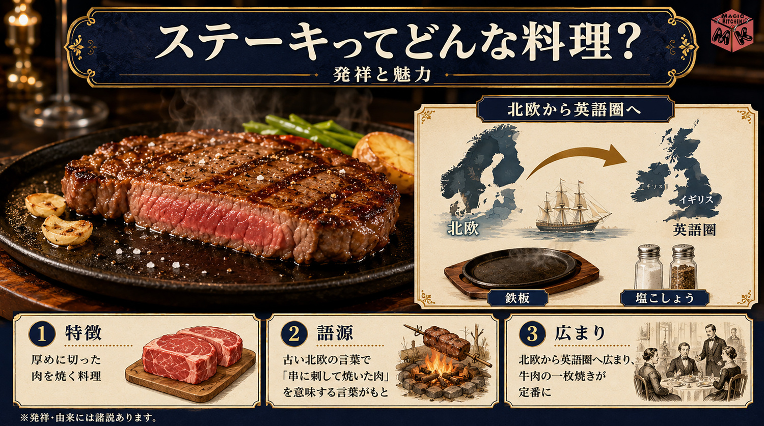 ステーキの発祥と由来を示す図解