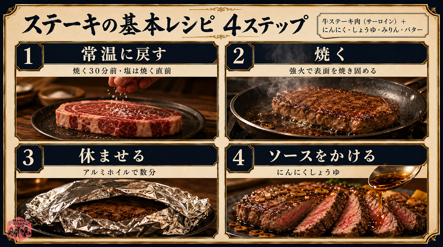 ステーキの基本レシピの工程図