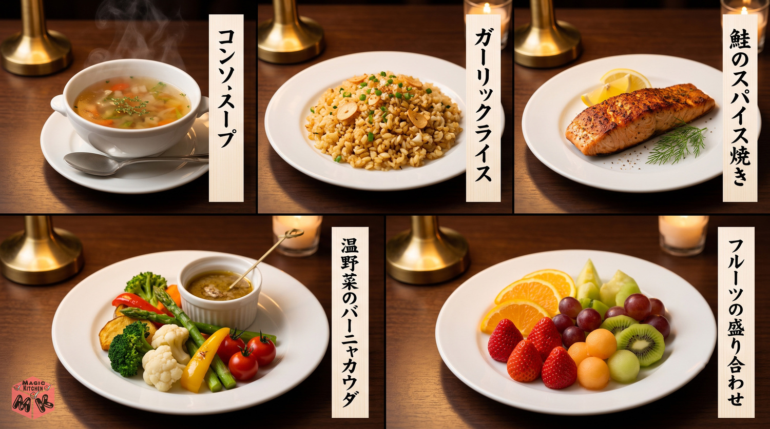 ステーキに合うスープ・軽い一品・ごはん5選のコラージュ