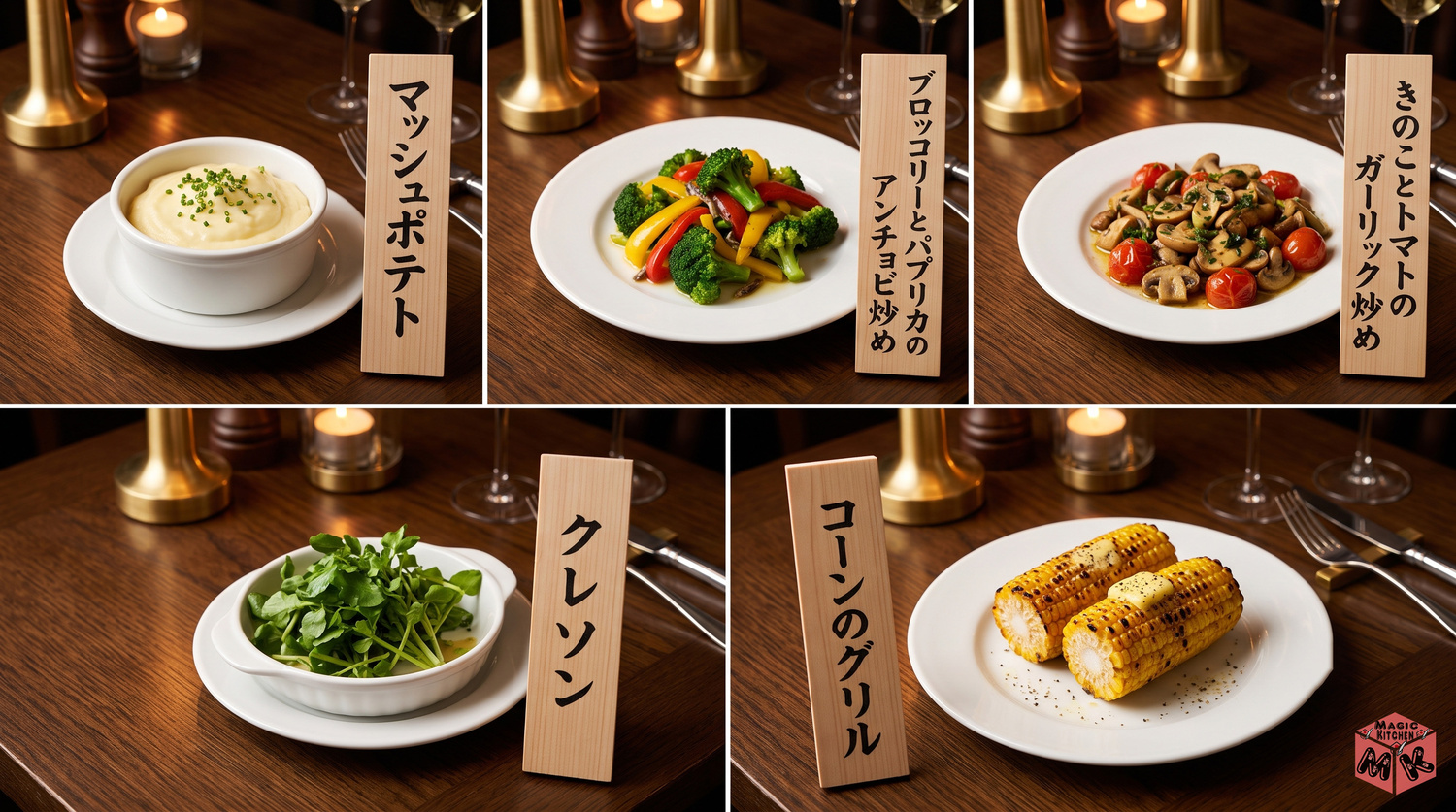 ステーキに合う付け合わせ・温野菜5選のコラージュ
